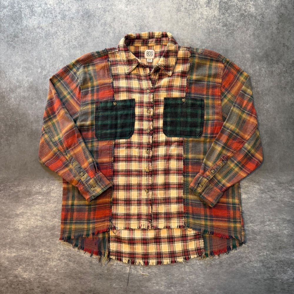 BDG Urban Outfitters Patchwork Plaid Flannel Shirt Small Raw Hem Multicolored